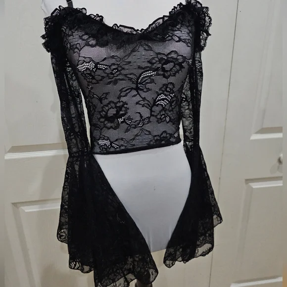 Dolls Kill Widow Gothic With Grace Black Mesh Lace Cropped Sheer Top S - Picture 8 of 12